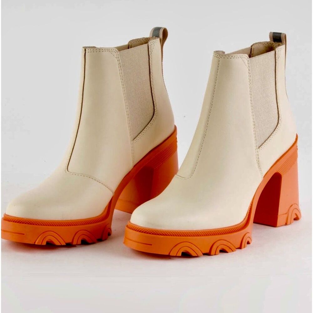 Sorel Women's Brex Heel Chelsea Cream Leather Ankle Boot Sz 9 Waterproof Chunky